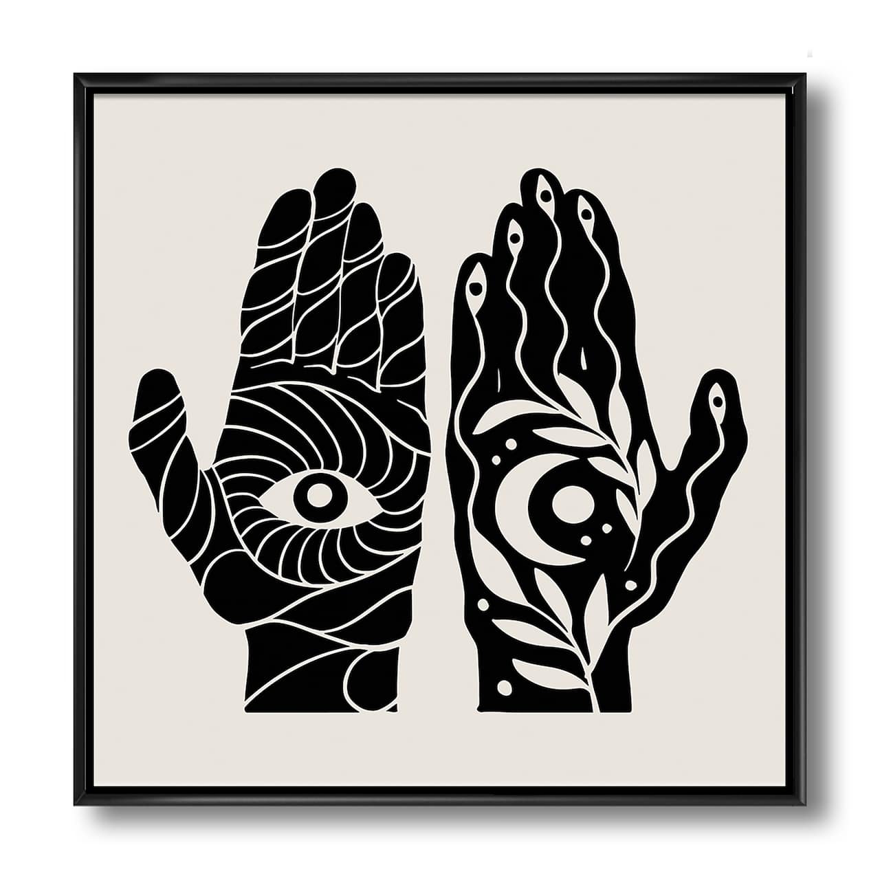 Designart - HamSa Hands With Eye And Moon Black And White Illustration - Modern Canvas Wall Art Print in Black Frame